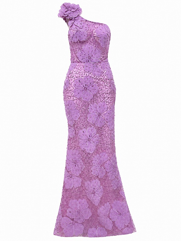 【新品DRESS 2016】総スパンコールショルダーフラワーコサージュワンショルマーメイドロングドレス ピンク
